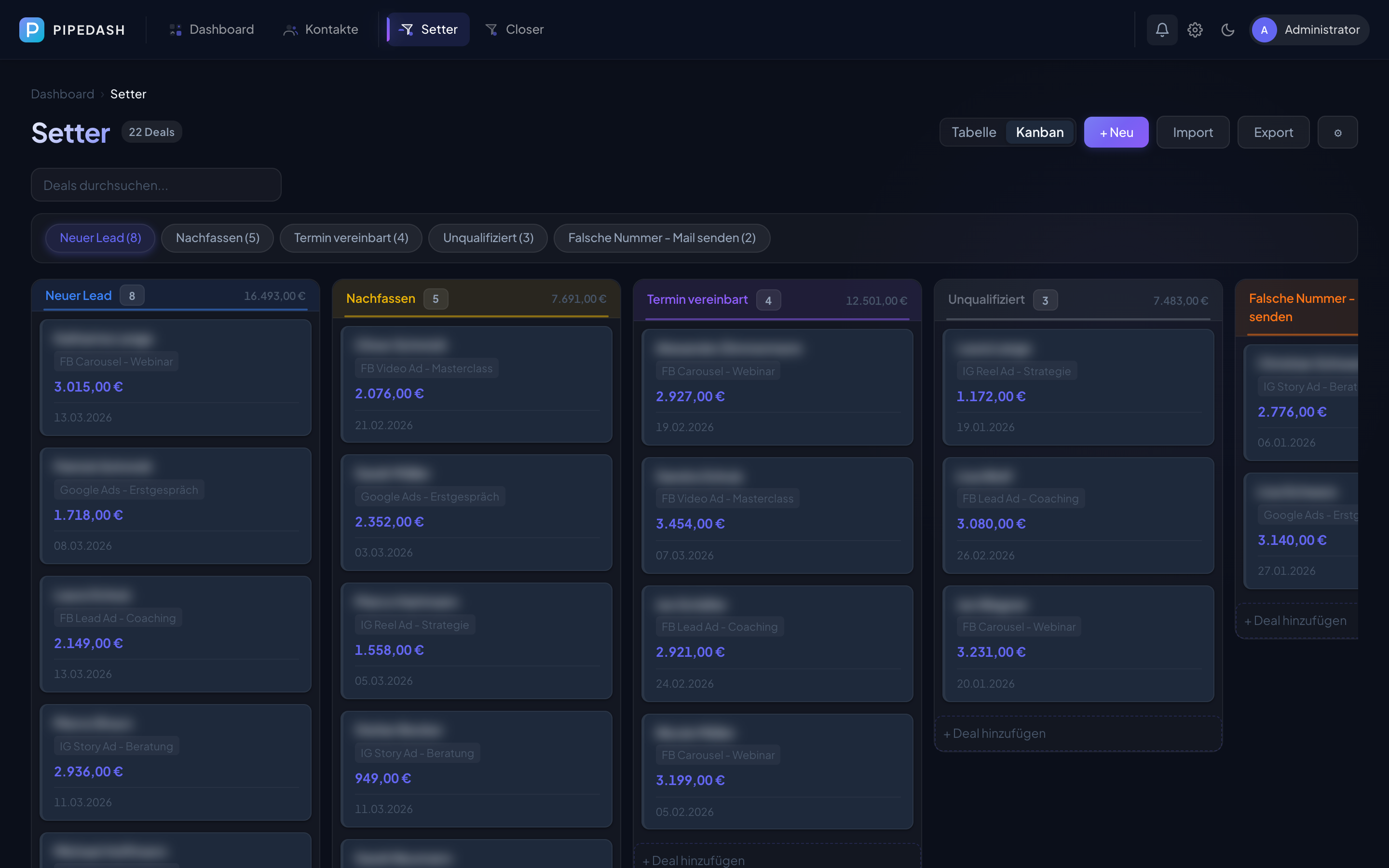 Closepipe Lead-Management Dashboard mit Kanban-Board — 5 Pipeline-Phasen, Deal-Werte und Echtzeit-Status in Dark Mode